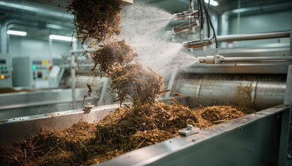 Medium shot showing menthol liquid casing sprayed onto tumbling tobacco focusing on the refreshing scent introduction and precise application in a manufacturing setting.