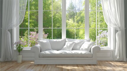 White sofa in a bright room with a large window overlooking a lush green garden.