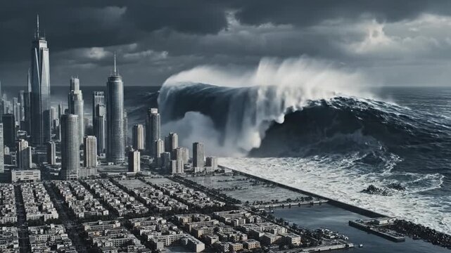 Massive Tsunami Wave Approaching a Coastal City Under Dark Storm Clouds