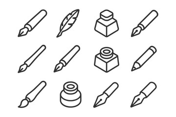 Ink pens and bottles with quill and pencil icons in black and white line art.