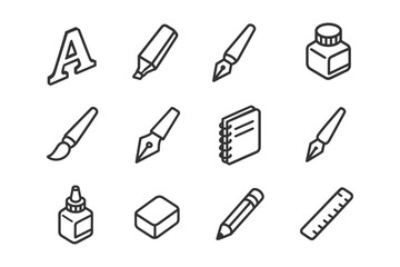 Fototapeta premium Line art icons of writing and drawing tools including ink, pen, and brush.