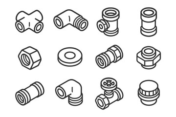Various pipe fittings out of pvc and metal in outline style on white background.