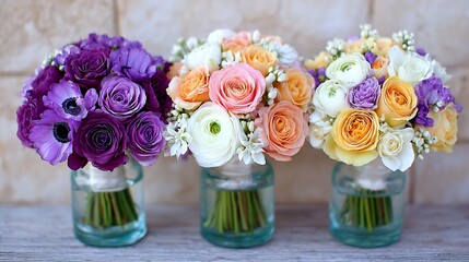 Colorful floral arrangements in glass vases create a vibrant and romantic atmosphere
