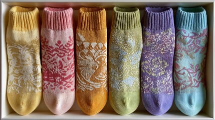 Colorful handmade knitted socks in a white box provide comfort and warmth for feet