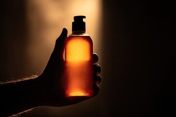 A hand holds a translucent bottle with amber liquid against a dark, contrasting background