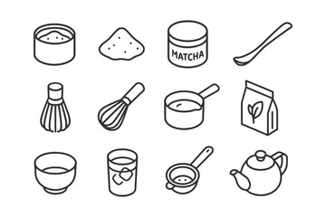 Matcha tea preparation essentials: whisks, bowls, and more icons.