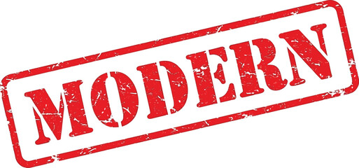 A distressed red stamp displaying the word modern in bold capitalized letters on a white background