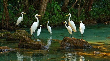 Elegant egrets in serene wetland
