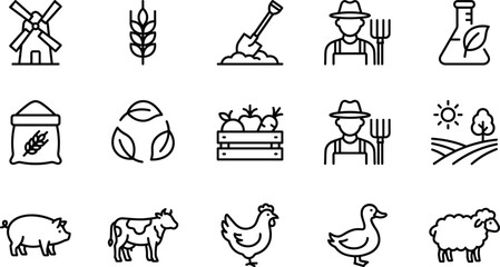 Agriculture Line Icons Set Featuring Farm Animals, Farmer, Windmill, Wheat, Shovel, Pig, Cow, Chicken, Duck, Sheep, and Organic Harvest Elements © Ifty Creation