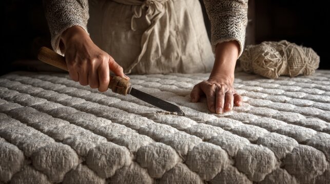 Focused view of detailed stitching work during a collaborative reupholstering class highlighting traditional techniques and modern styles - Powered by Adobe