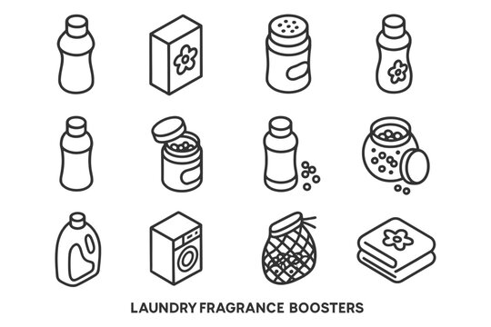 Line art collection of laundry fragrance boosters and related items.