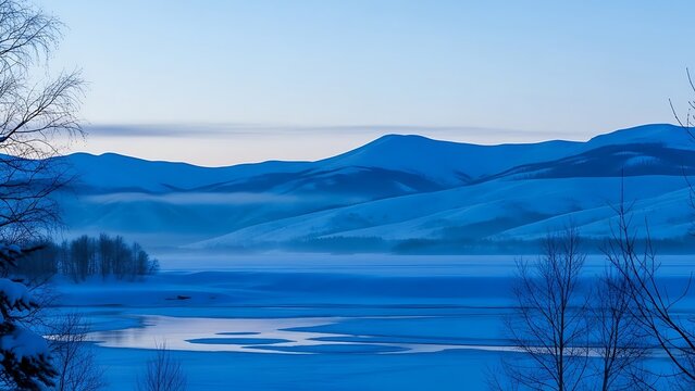 A tranquil winter landscape with snow-covered mountains overlooking a partially frozen lake - Powered by Adobe