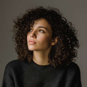 Thoughtful young woman with curly hair portrait on dark gray background