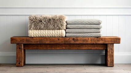 Wooden bench holding folded blankets in a simple room setting with light walls and floor