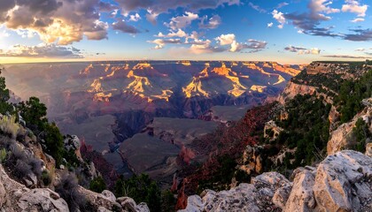 Vast panoramic vista showcasing a canyon's deep chasms, illuminated by sunset's golden rays, with textured rock formations