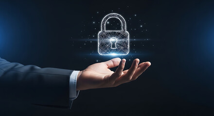 Cyber Security Concept A Hand Holds Digital Lock for Data Protection Online