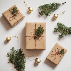 Beautifully wrapped christmas gifts with brown paper and twine