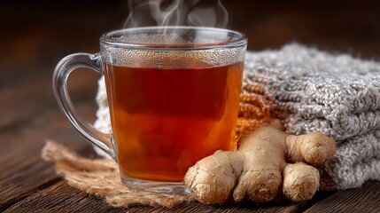 Comforting ginger tea in a glass mug, paired with cozy knitted scarf, on a rustic wooden surface