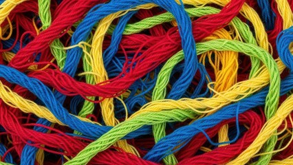 A vibrant tangle of colorful embroidery floss threads in a close up view