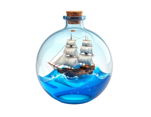 A detailed ship in a bottle, surrounded by water and a cork seal