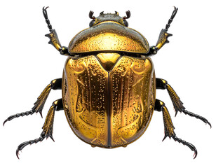 Top-down view of a golden beetle with intricate carapace details