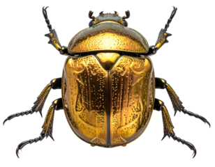 Top-down view of a golden beetle with intricate carapace details