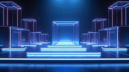 High-tech architectural environment made of transparent glass platforms and cube structures, multiple elevated stages with sharp geometric edges, reflective glass floors, and symmetrical layouts.