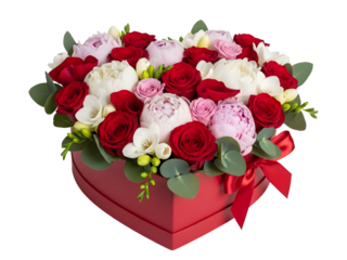 Heart shaped floral arrangement in a pink box isolated on transparent background