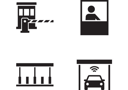 Four black vector icons: toll barrier gate, photo ID frame, hanging pendant lights, and car under a canopy with WiFi symbol