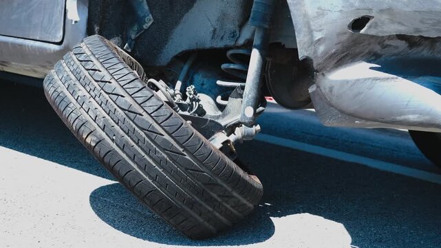 Wrecked car sitting on the pavement following a major car crash, with visible front suspension damage and a missing wheel resulting from the collision