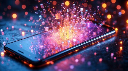 Smartphone lying on a smooth reflective surface, neon speech bubbles and chat icons emerge in a dynamic burst of light form a rainbow, symbolizing digital communication and connectivity.