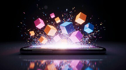 Smartphone lying on a smooth reflective surface, neon speech bubbles and chat icons emerge in a dynamic burst of light form a rainbow, symbolizing digital communication and connectivity.