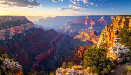 Vast panoramic vista showcasing a deep canyon illuminated by the golden light of the setting sun, revealing layered rock formations