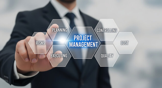 Project Management Steps Planning Risks Executing Quality Cost Controlling - Powered by Adobe