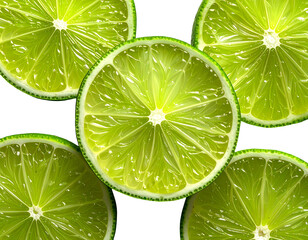 Close-up of sliced green citrus fruit on a black background