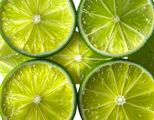 Sliced, juicy, bright green citrus fruits form a vibrant, textured pattern