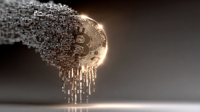 Conceptual visualization of Bitcoin disintegration representing market volatility and uncertain - Powered by Adobe