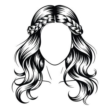 Braided hairstyle with wavy hair and a blank face for customization stylish and feminine look on clear background with detailed line art