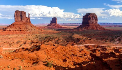 Vast panoramic vista with towering sandstone formations, arid landscape under a bright, cloudy sky with a winding road