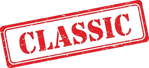 A vibrant red rectangular stamp with the word classic boldly printed in white isolated on a clean white background