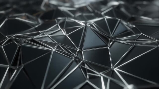 Abstract digital render of complex dark geometric patterns with gleaming silver outlines, forming a sophisticated texture.
