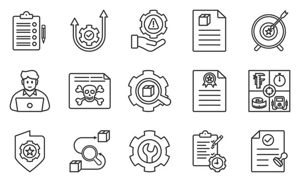 Quality control outline icon set. Contain inspection report, productivity, risk management, product specification, quality focus, inspector, reject label, product inspection, standard, calibration.	