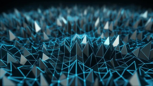 Rendering a precise abstract field of animated razor-sharp triangular geometries with brilliant blue network illumination.