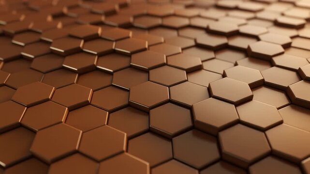 Dynamic close-up view of an intricate tessellated surface, revealing shifting bronze hexagonal patterns as a modern abstract background.