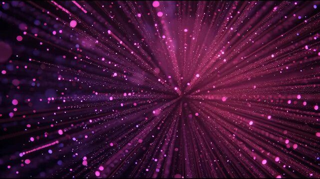 Vibrant pink and purple light burst with radial lines and dots on a dark background