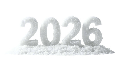 Year 2026 sculpted from snow, resting on a bed of fresh flakes