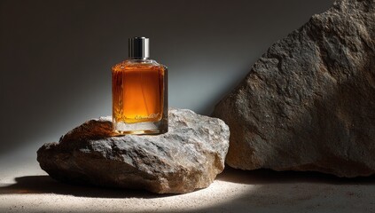 A perfume bottle stands on a rock amid warm lighting and a neutral backdrop