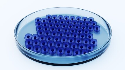 A 3d rendering of stem cell colony being cultivated within a petri dish, which is a fundamental tool in regenerative medicine and biotechnology.
