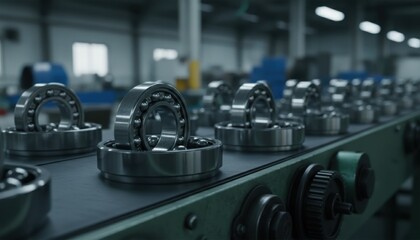 Fototapeta premium Precision metal ball bearings move along an industrial production line in a factory setting, showcasing manufacturing and engineering excellence.