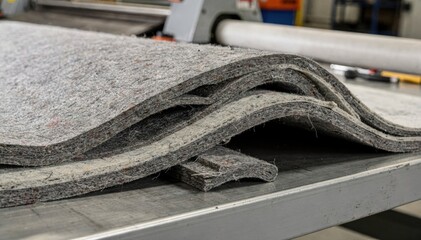 Industrial setting medium shot of mixed fiber felt layers stacked and shaped emphasizing versatility and strength in machinery protection.